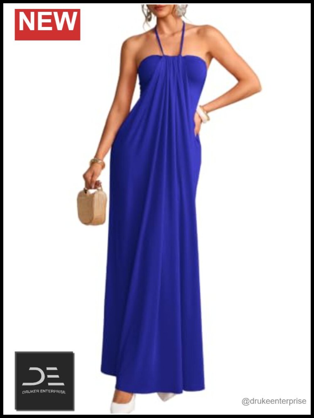 Self-Tie Halter Maxi Dress Ruched Draped Slim Fit Sleeveless